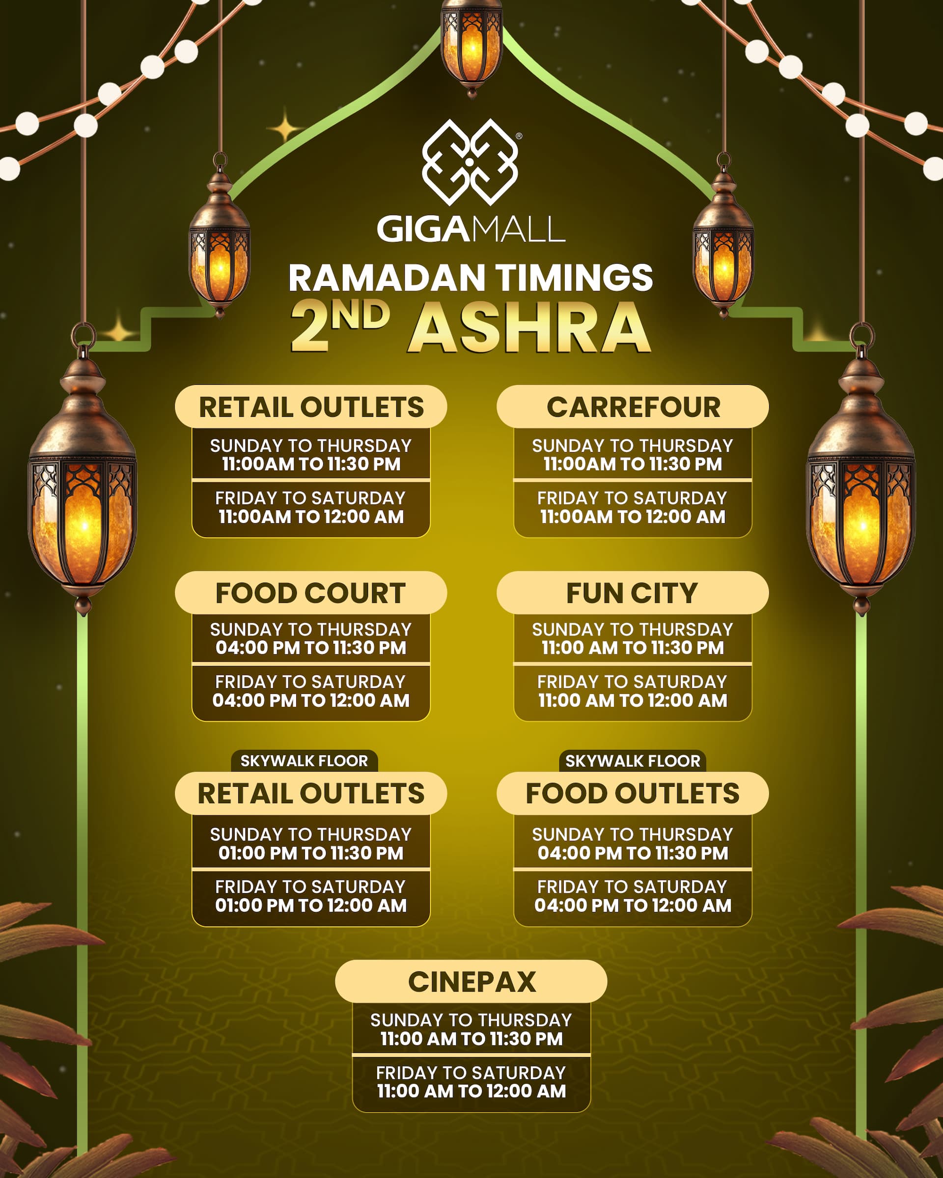 2nd Ashra Timings of Giga Mall